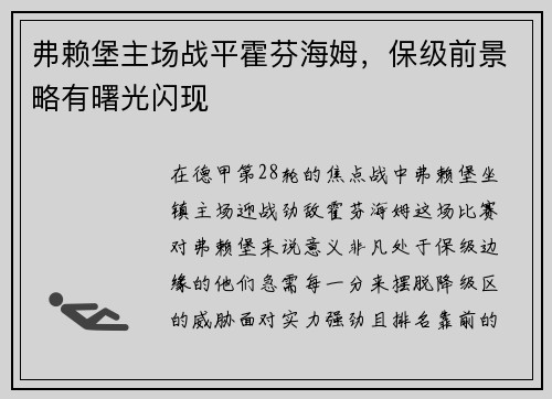 弗赖堡主场战平霍芬海姆，保级前景略有曙光闪现